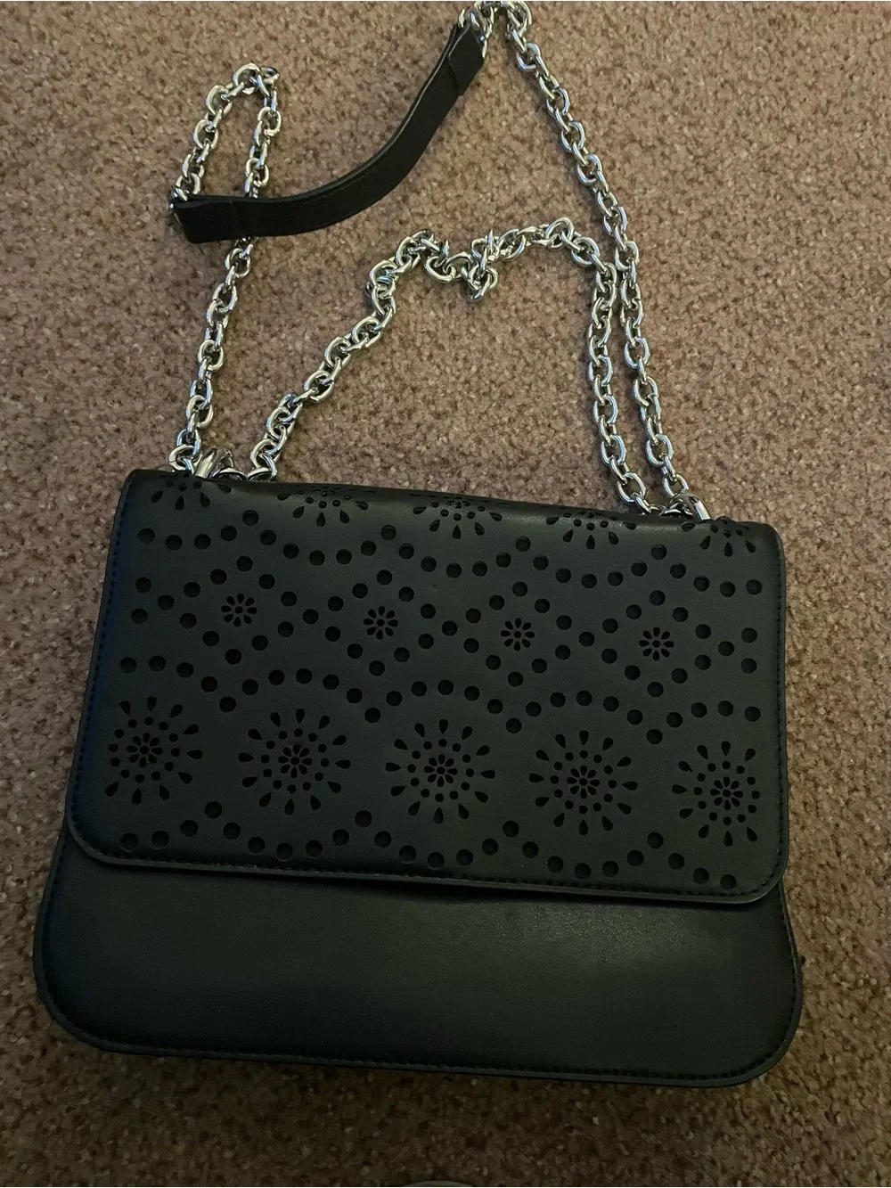 Black Laser-Cut Chain Shoulder Bag